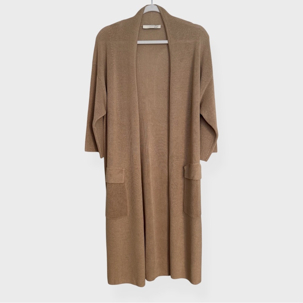 Oui – Longline Open-Front Knit Cardigan – Camel / Oatmeal Neutral